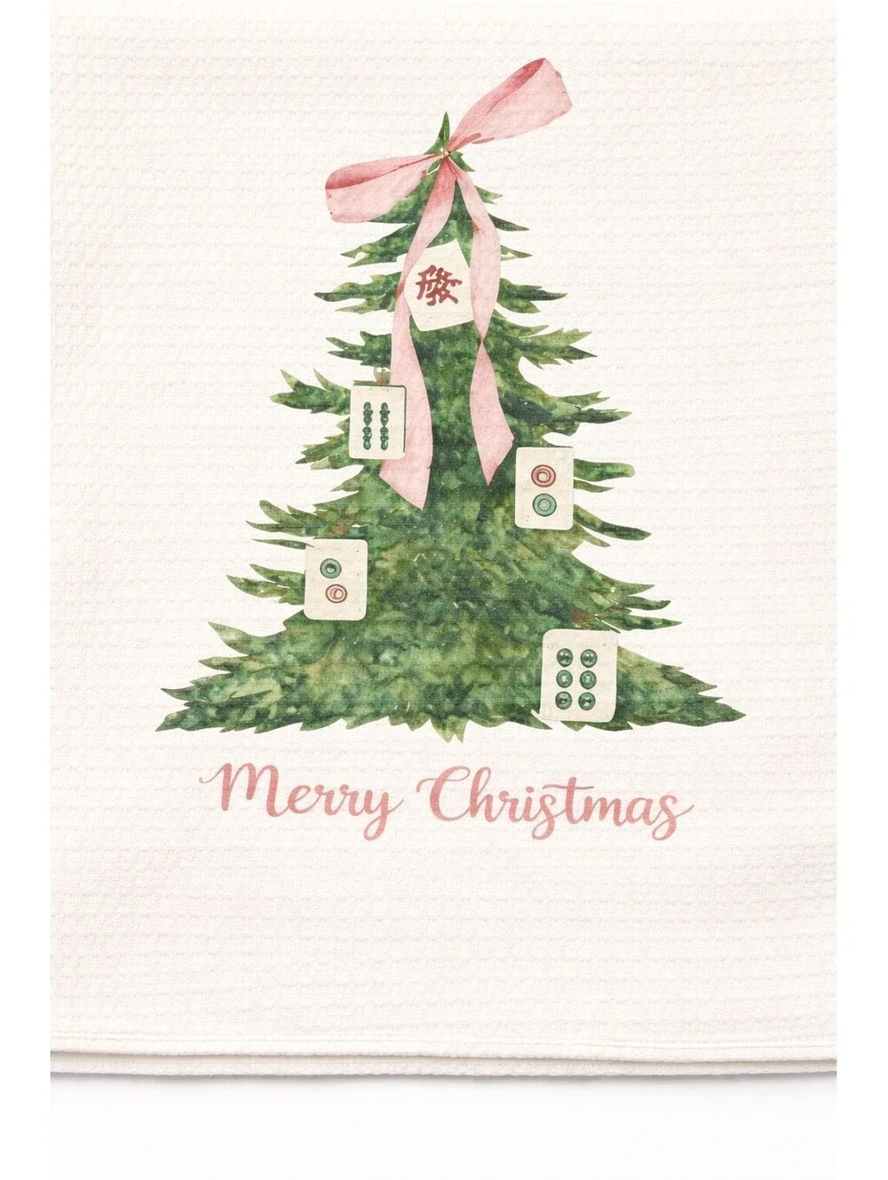 Set of 2 Cotton Kitchen Towels Christmas Mahjong Theme Pink White Striped Green